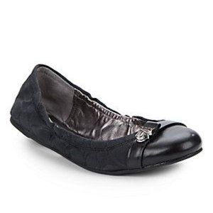 Coach Delphine Buckle Leather Jacquard Black Signature Casual Cup Toe Flat Shoes
